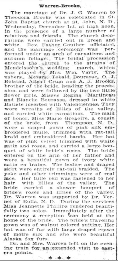 Newspaper Announcement of Marriage of Dora Brooks to Dr. John G. Warren 